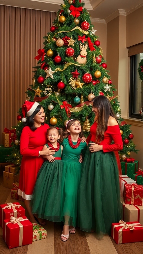 A cheerful family in Christmas outfits posing around a decorated tree with gifts.
